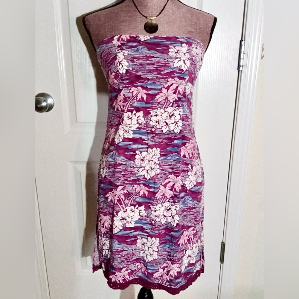 ROXY Purple/White/Blue Hawaiian Tropical Strapless Fitted Short Dress Small